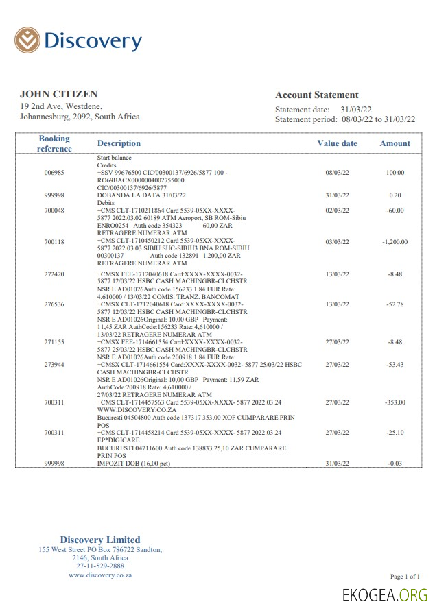 Relevé de la banque Discovery en Afrique du Sud